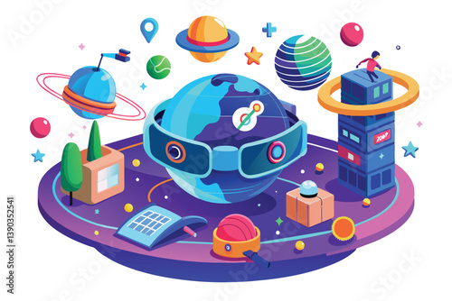 An illustration depicting a stylized Earth surrounded by planets and stars in a futuristic space setting.