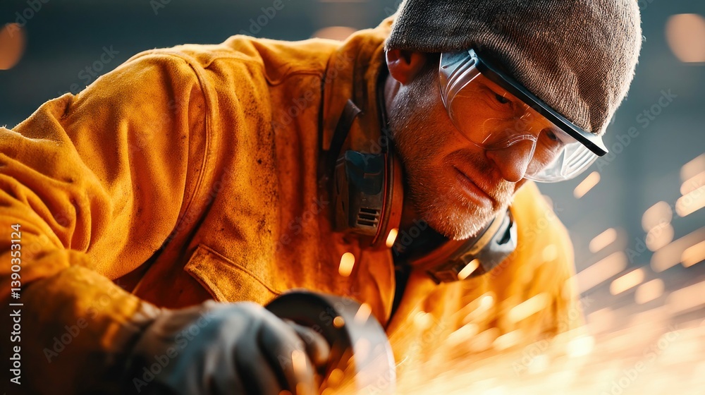 Fototapeta premium Close-up shot of a worker using a grinding machine, creating sparks in a workshop.
