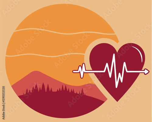 Heartbeat connecting nature and health: ECG line with mountain landscape inside.