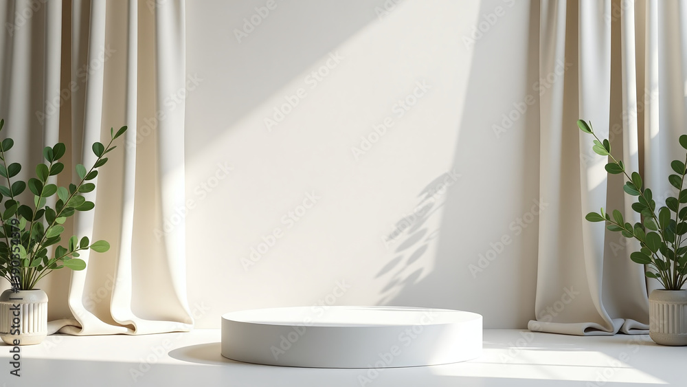 Fototapeta premium elegant empty podium sits center stage bathed soft diffused light surrounded flowing drapes delicate eucalyptus