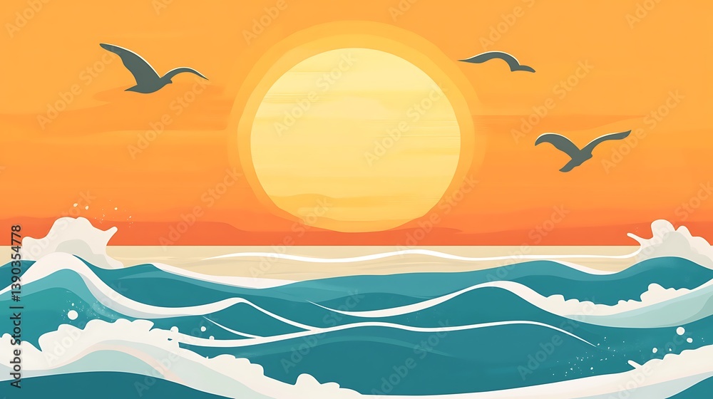 Ocean sunset with flying birds and waves. Ocean sunset with flying birds and waves.