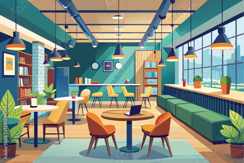 A contemporary cafe interior with large windows, a bookcase, and multiple tables for seating. Sunlight streams through the windows.
