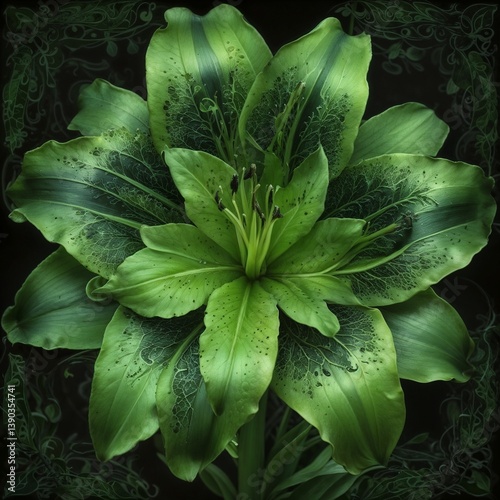 Green Lily Flower Against Dark Background  