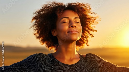 A woman with curly hair enjoys the golden light of sunset with eyes closed in a moment of peace.