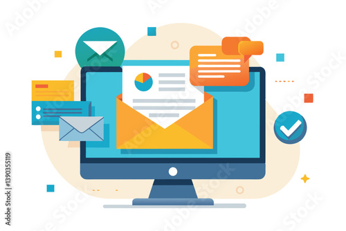 An illustration depicting a computer screen showing an open email with a chart and a message inside.