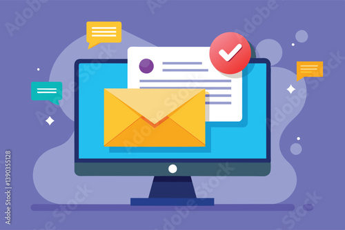 A digital desktop computer displaying an open email and a checkmark icon, indicating a message has been read.