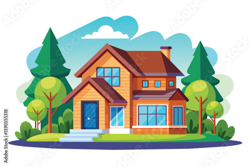 An illustration of a two-story suburban house with a green lawn, trees, and a blue sky with a white cloud.
