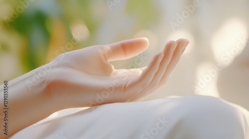 A hand is resting on a pillow, with the fingers spread wide