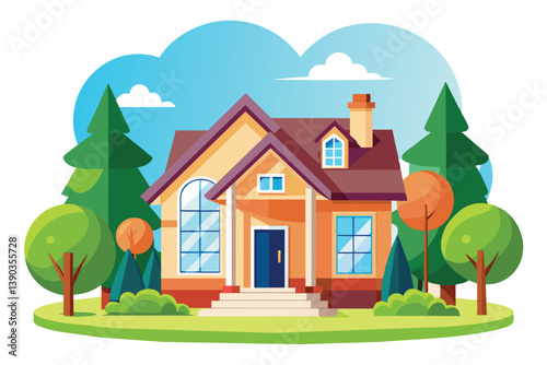 An illustration of a modern two story house with a front porch, a yard, and trees.