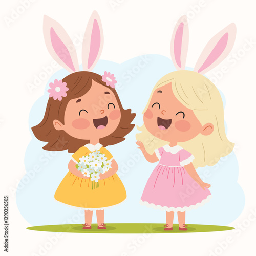 Happy easter! Hello spring! Cute little girls with bunny ears and flowers. Vector illustration.