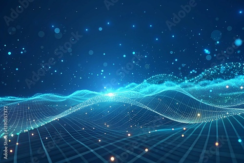 Wallpaper Mural 3D Abstract Blue Sci-Fi Background with Glowing Particles and Digital Grid Landscape Torontodigital.ca