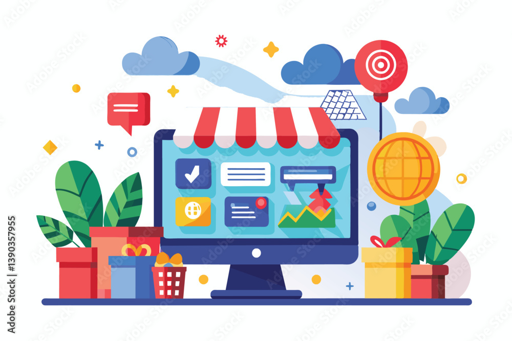 An online shop is depicted on a computer screen with a website showing products. An awning is above it with clouds, stars, a shopping basket, gifts, plants, and a globe. An online shop is depicted on a computer screen with a website showing products. An awning is above it with clouds, stars, a shopping basket, gifts, plants, and a globe.