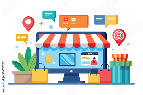 An illustration of an online store represented by a desktop computer with a striped awning above it, two shopping bags on either side, and a stack of wrapped gifts on the right.