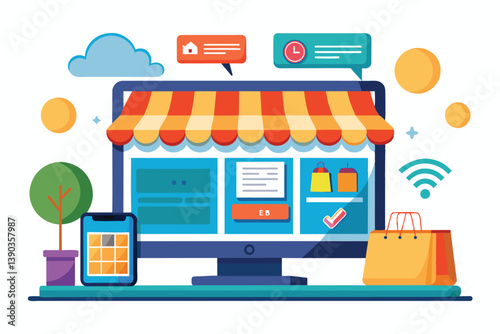 An illustration of an online store website with a digital storefront awning, shopping bags, and a smartphone.
