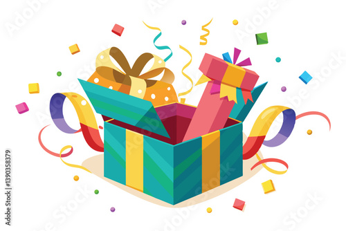 A colorful cartoon illustration of a green and yellow gift box with a red and yellow present inside. The box is open and there are confetti and ribbons flying out of it.
