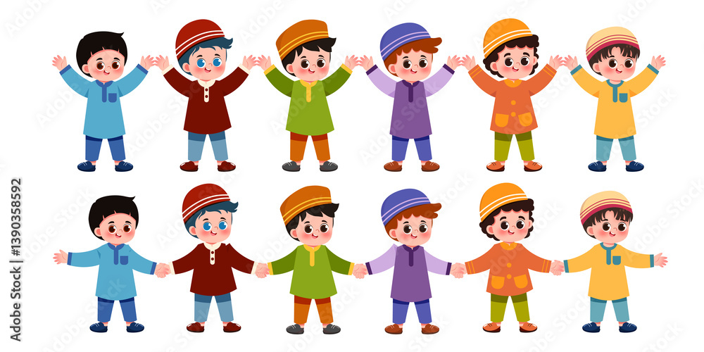 Muslim Kids Holding Hand Together and Hugging to Celebrate Festival Muslim Kids Holding Hand Together and Hugging to Celebrate Festival