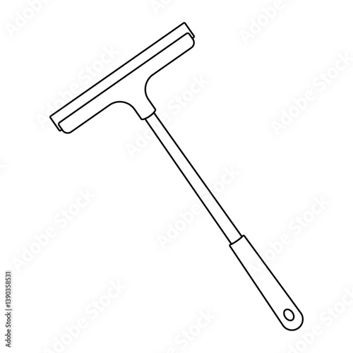 Window squeegee vector illustration. Hand-drawn doodle cleaning tool with long handle for washing windows and glass. Black line art isolated on white background.