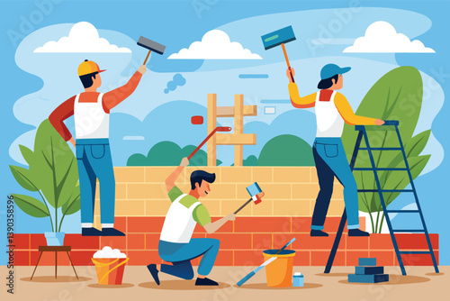 A cartoon illustration of three workers painting a brick wall outside on a sunny day. One worker is on a ladder, another is kneeling, and the third is standing.