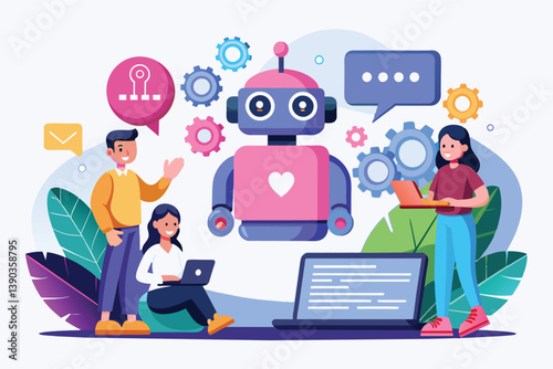 An illustration of people working with a friendly robot, who is helping them improve their business. The robot has a heart on its chest, showing that it is friendly and helpful.
