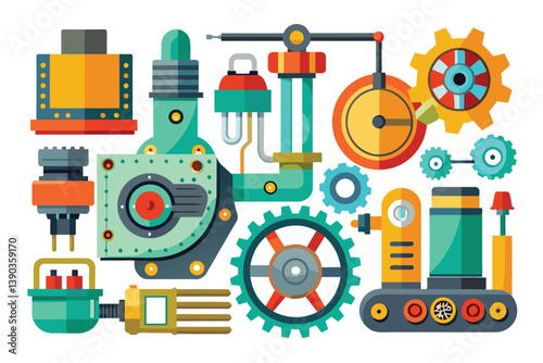 A colorful illustration depicting various industrial machinery and gears, including cogwheels, pistons, and pipes.