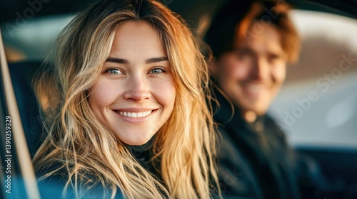A beautiful woman smiles brightly, sitting in a car with a friend, enjoying the moment.