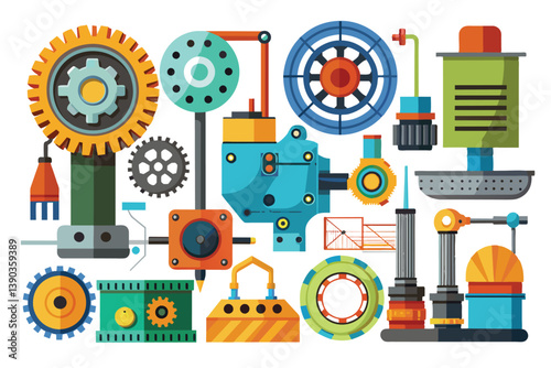 A colorful illustration showcasing various components of industrial machinery, including gears, pumps, and other mechanical parts, designed in a flat style.
