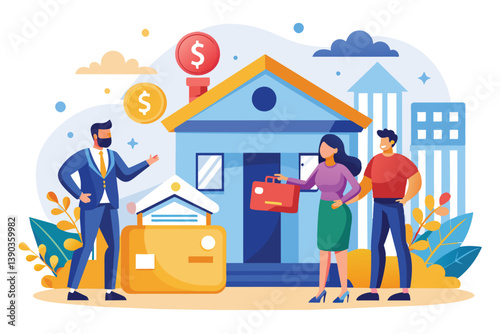 An illustration depicting a real estate agent in a blue suit showing a house to a young couple.