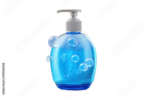 Blue soap dispenser with bubbles on transparent background