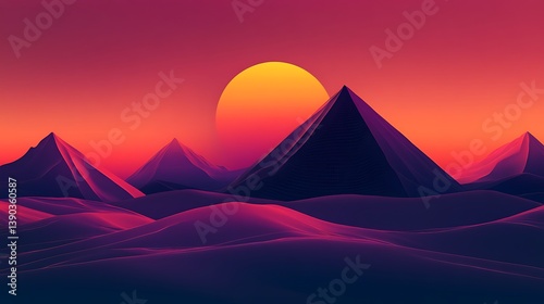 Sunset over stylized pyramids.
