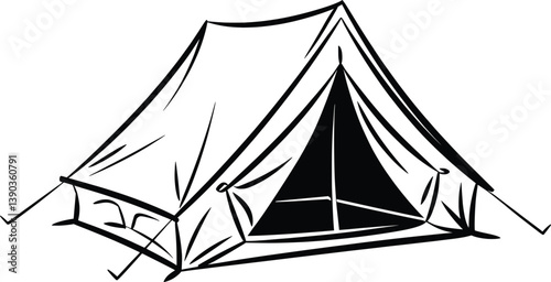 Camping Tent Clipart, Black and White Outdoor Shelter Illustration PNG.