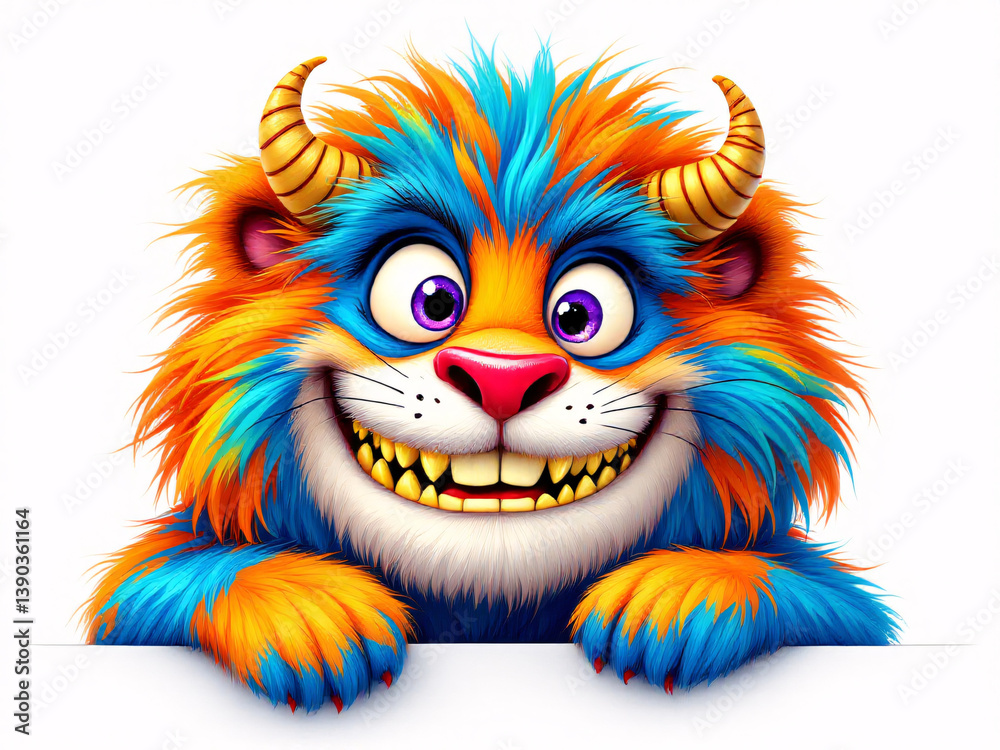 A vibrant, colorful monster cat with a playful grin and fluffy fur. A vibrant, colorful monster cat with a playful grin and fluffy fur.