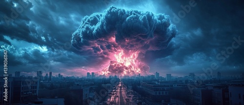 Dramatic nuclear reactor meltdown over cityscape with fiery cloud in stormy sky