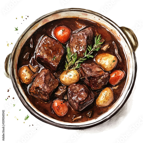 A watercolor painting of Boeuf Bourguignon, isolated on a white background. Boeuf Bourguignon vector

