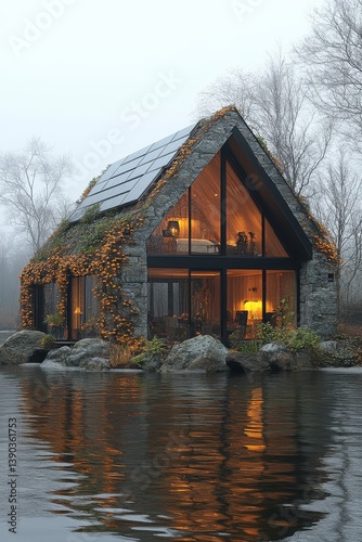 Lakeside modern stone house with solar panels, autumn foliage, and warm interior lighting