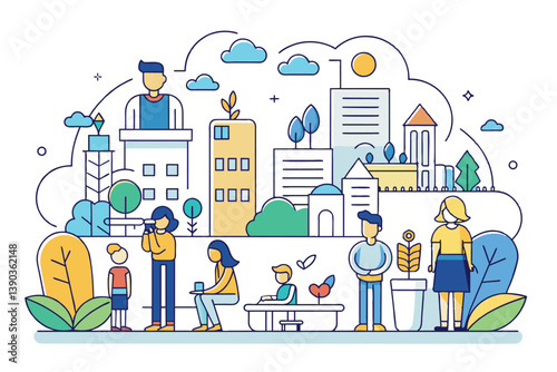 A simple line art illustration depicts a city park with people interacting in various ways, including a woman taking a photo, children playing, and adults talking.