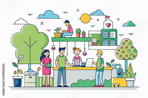 A colorful line art illustration depicting four people interacting outside a green building with potted plants and a bench.