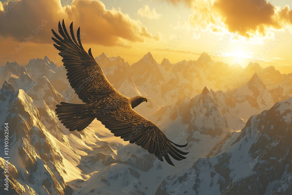 Obraz premium Eagle Flying Over Snowy Mountain Peaks During Golden Sunset Sky