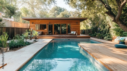 Wallpaper Mural Modern backyard pool area with wooden deck surrounded by lush greenery and contemporary house design Torontodigital.ca