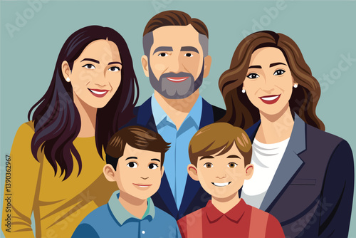 A digital illustration of a happy family portrait featuring two children, a mother, and a father.