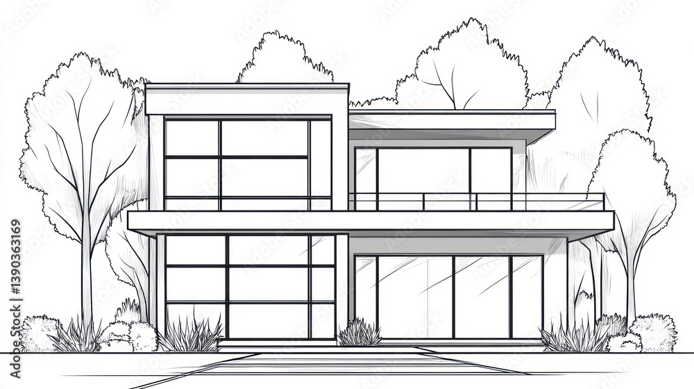Fototapeta premium Modern House Blueprint, Front View, Trees, Landscaping, Design Concept, Architectural Drawing, for Home Plans, Stock Photo