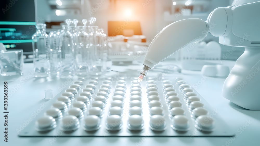 Advanced lab automation system in operation, robotic devices performing experiments, modern aesthetics Advanced lab automation system in operation, robotic devices performing experiments, modern aesthetics