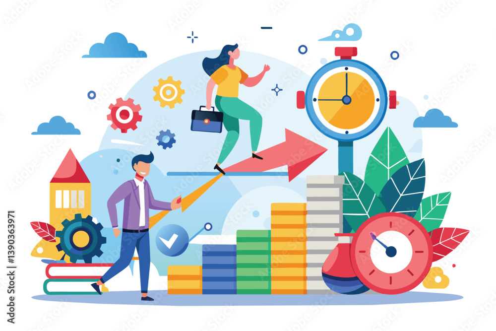 An illustration shows two professionals working together to achieve goals. One person walks on coins, while the other rides a red arrow toward a clock. An illustration shows two professionals working together to achieve goals. One person walks on coins, while the other rides a red arrow toward a clock.