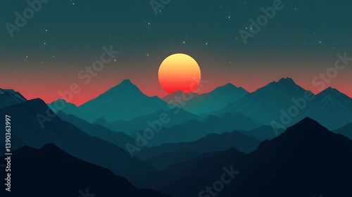 Sunset over teal mountain range.