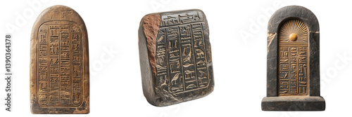 Ancient Stone Tablets with Hieroglyphics and Inscribed Symbols on Transparent Background