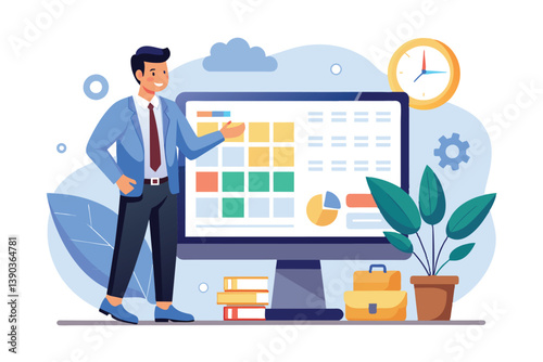 A man in a blue suit presents a project schedule on a computer screen with a colorful grid and pie chart. The desk has books, a briefcase, and a potted plant.
