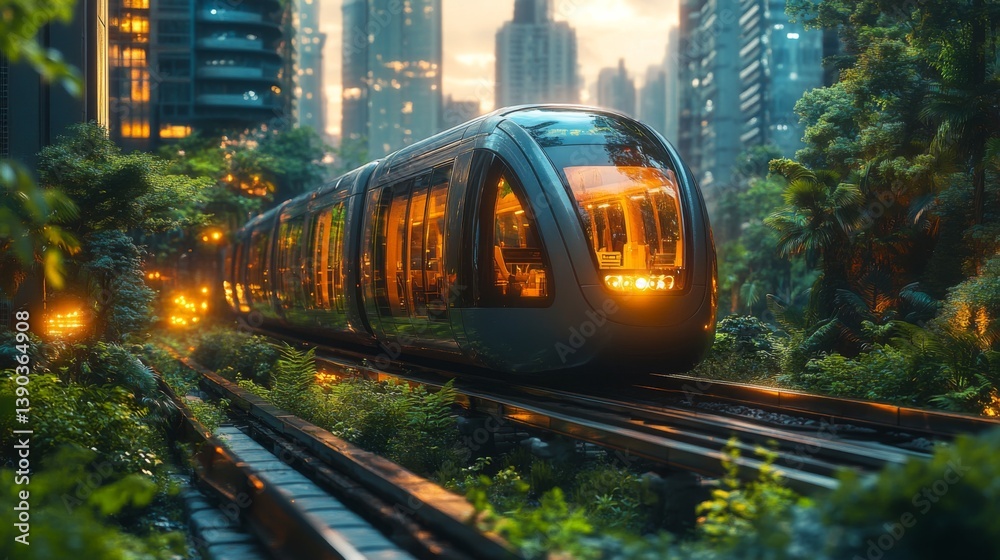 Naklejka premium A smarttrain glides smoothly on tracks surrounded by lush greenery and skyscrapers, emphasizing the integration of nature and advanced mobility technology in urban settings.