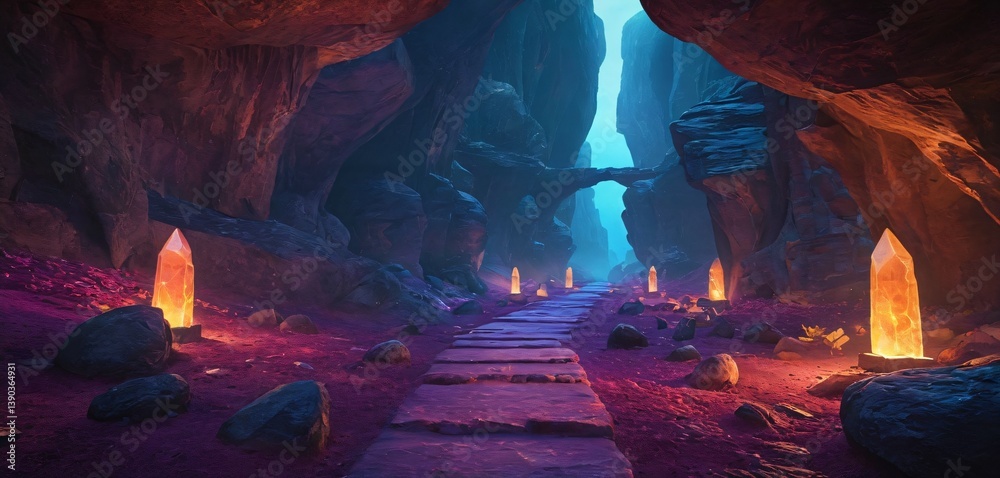 A mystical cave pathway, leading through a network of towering, smooth rock formations, with glowing crystals embedded in the walls. 2