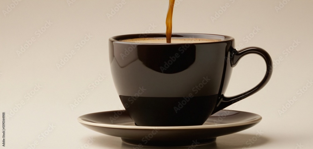 A perfectly brewed cup of rich, dark coffee in a sleek, modern ceramic cup, cut out against a soft, neutral gradient background. The coffee's smooth surface reflects warm ambient lighting,