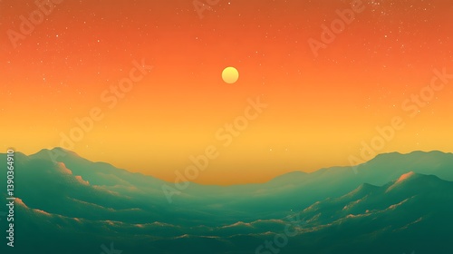 Sunset over teal mountains and orange sky.