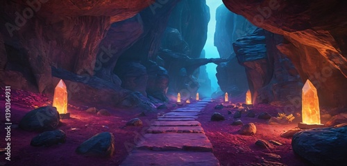 Obraz na płótnie A mystical cave pathway, leading through a network of towering, smooth rock formations, with glowing crystals embedded in the walls. 2 w salonie